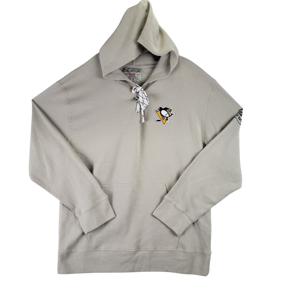 Pittsburgh Penguins Calhoun Hoodie Mens XL Tan NHL Hockey Lace Up Waffle Thermal